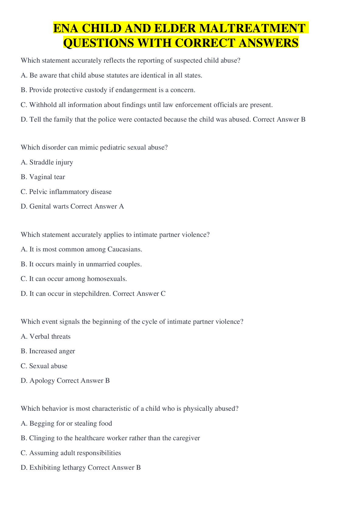 Preview image for ENA CHILD AND ELDER MALTREATMENT QUESTIONS WITH CORRECT ANSWERS